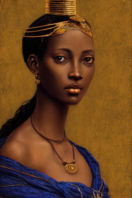 Image similar to Portrait of a Beautiful African female, sad green eyes, beautiful skin, elegant, jewellery, digital painting, Pre-Raphaelites, highly detailed, concept art, smooth, sharp focus, gold and indigo, illustration, art by Klimt .