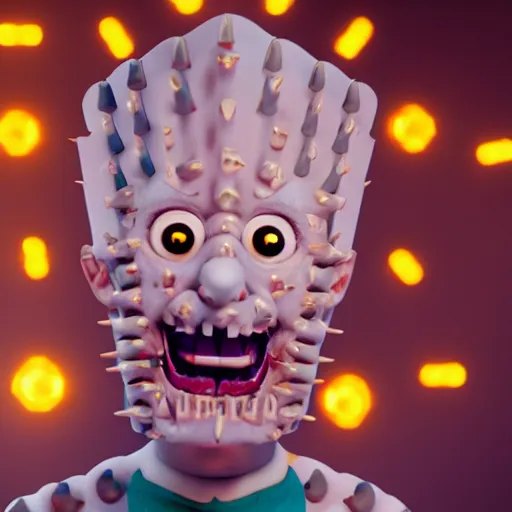 Prompt: blippi - pinhead - hellraiser, indoors, cinematic - lighting, photorealistic, high - detail, 4 k, octane render,