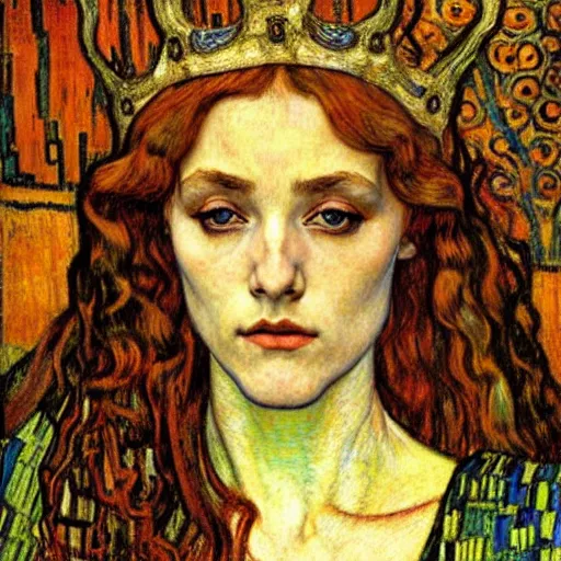 Prompt: detailed realistic beautiful young medieval queen face portrait by jean delville, gustav klimt and vincent van gogh, art nouveau, symbolist, visionary, gothic, pre - raphaelite, beautiful muted earthy colors