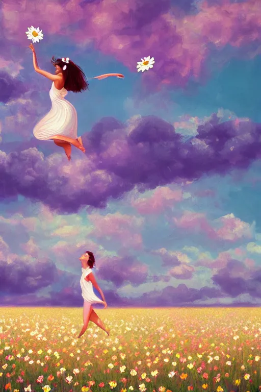 Image similar to floating white daisy flower as head, girl dancing in a flower field, surreal photography, sunrise, dramatic light, impressionist painting, colorful clouds, digital painting, artstation, simon stalenhag