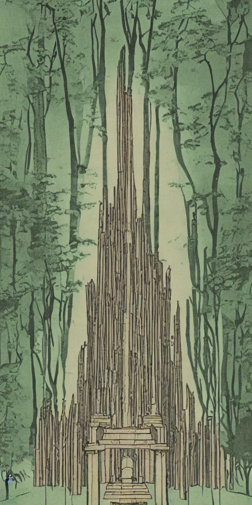 Image similar to a tall temple in the woods, 1940s faded risograph print, illustration, limited color palette, earthtones, double-exposure