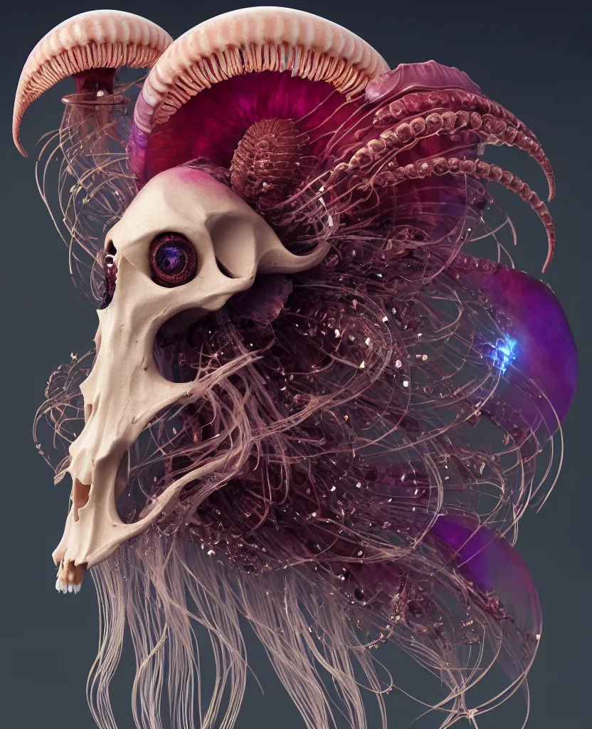 Image similar to goddess close-up portrait ram skull. jellyfish phoenix head, nautilus, orchid, skull, betta fish, bioluminiscent creatures, intricate artwork by Tooth Wu and wlop and beeple. octane render, trending on artstation, greg rutkowski very coherent symmetrical artwork. cinematic, hyper realism, high detail, octane render, 8k