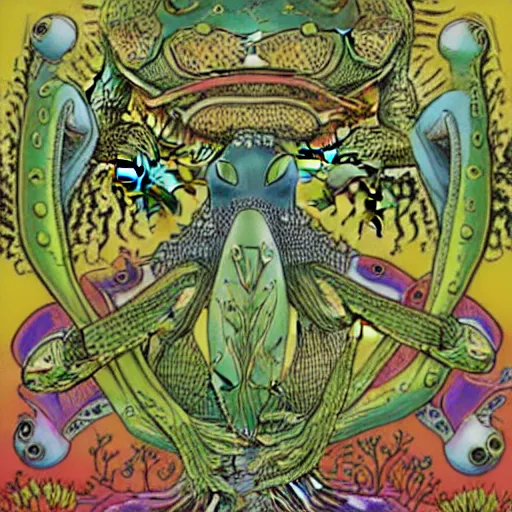 Image similar to Alex Jones turning thousands of frogs gay. Super resolution. Award winning illustration art in the style of Alex Grey