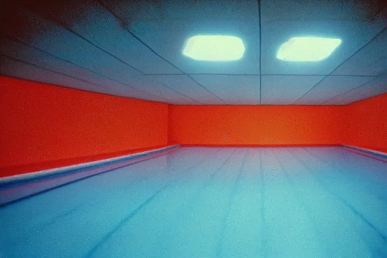 Prompt: 1 9 7 0 s found footage of an underwater space made up of a non - euclidean, geometric and tiled swimming pool hallways color bleed, ektachrome photograph, volumetric lighting, f 8 aperture, cinematic eastman 5 3 8 4 film stanley kubrick