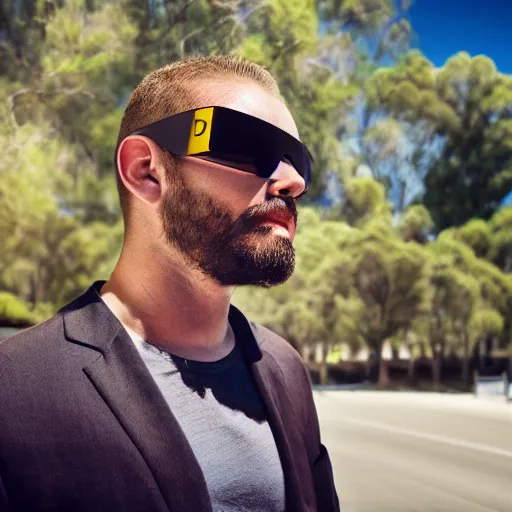 Prompt: a beautiful portrait of a young expressionless bloke wearing sunglasses known as speed dealers, on a hot australian day, high quality, photography, volumetric lighting, 8 k