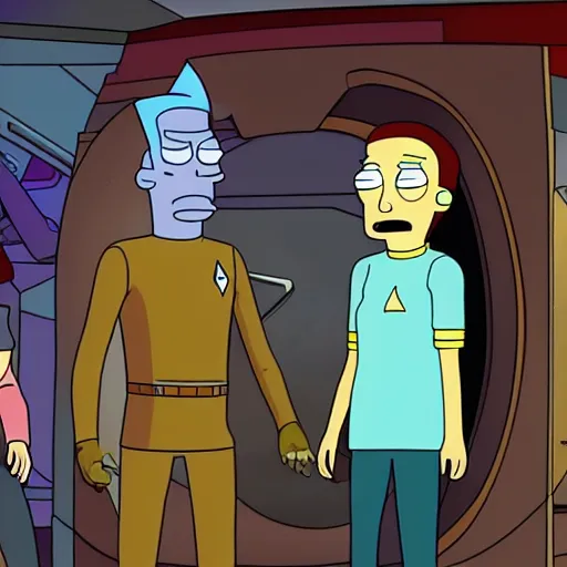 Prompt: characters from star trek lower decks, rick and morty, futurama, meeting on a distant planet