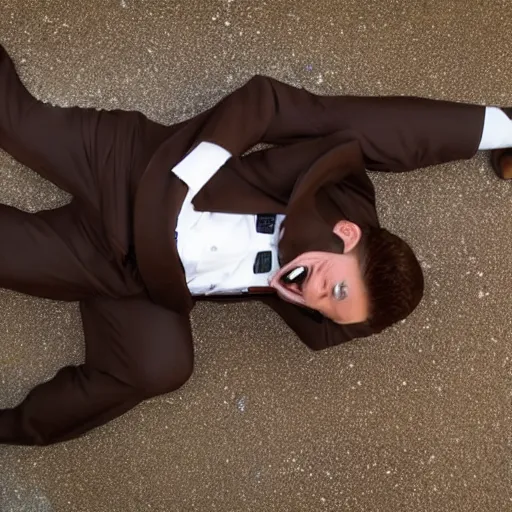 Image similar to Andy Richter is wearing a chocolate brown suit and necktie. Andy is lying flat on a concrete ground. Ariel view.