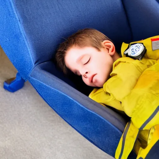 Prompt: small firefighter sleeping on a blue reclining chair