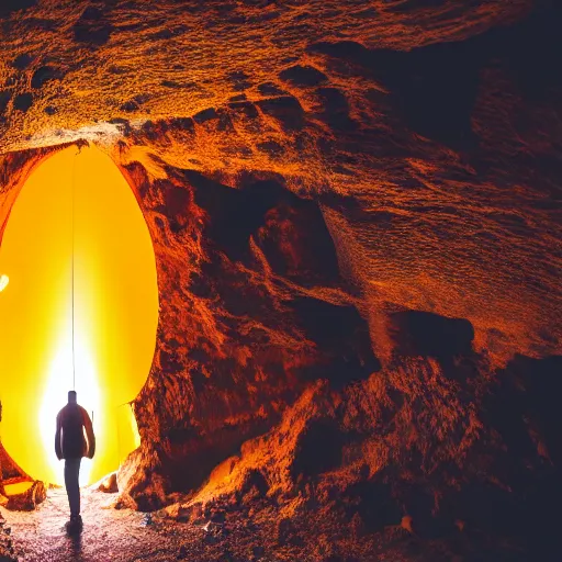 Image similar to photo of a giant orange colored glowing transparent humanoid of one thousand feet standing next to a building inside a cave