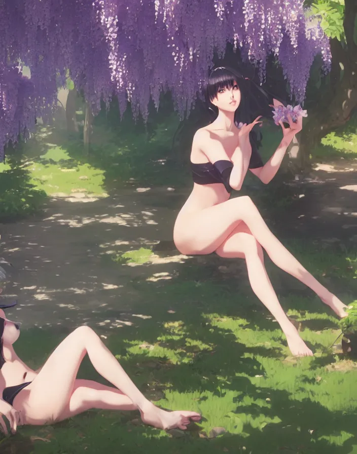 Image similar to a woman sitting under wisteria in forest, black bikini, matte, art by ilya kuvshinov and kyoto animation and ruan jia and ross tran, studio quality, aniplex,