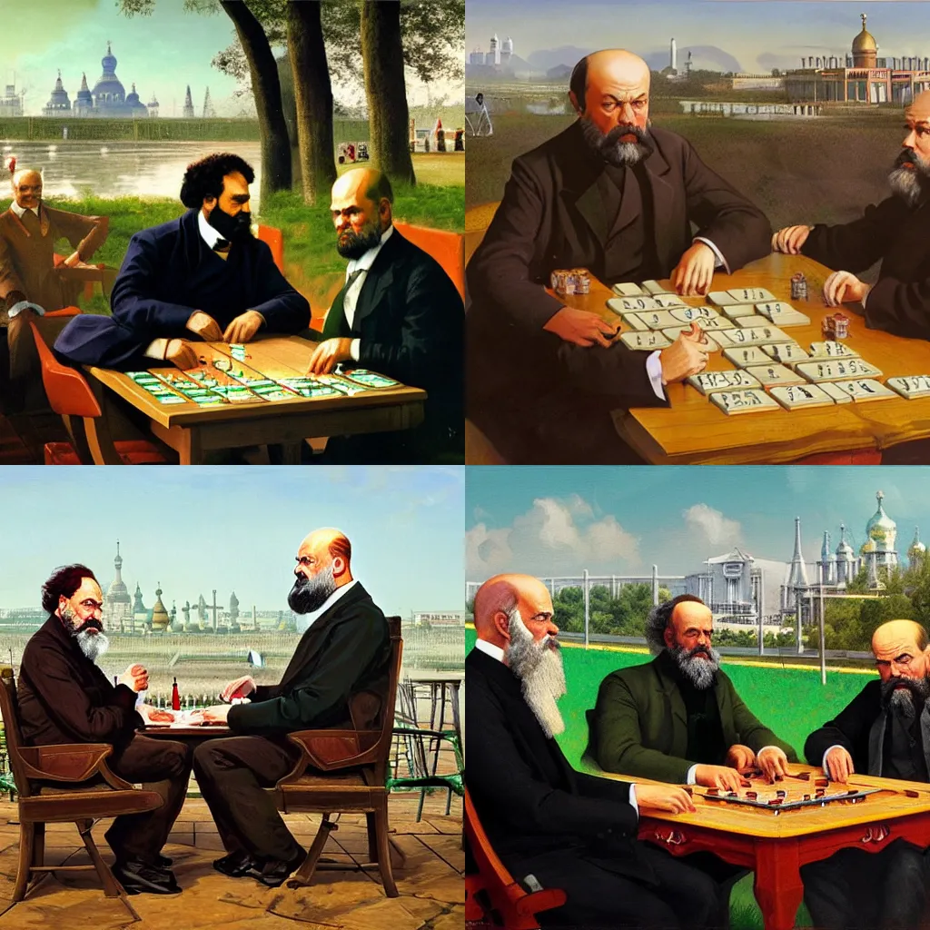 Prompt: karl marx and vladimir lenin playing mahjong in park with kremlin on background by stalenhag and rutkowski, concept art, oil painting, detailed
