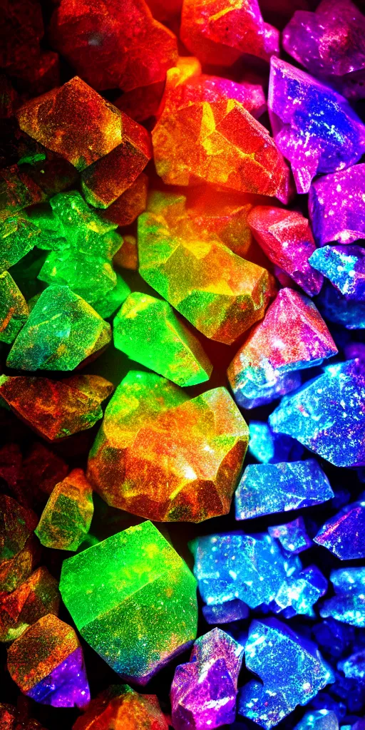 Prompt: cinematic shot rainbow crystals and rocks, hyper realistic, mood lighting, fantasy, highly detailed, super realistic, perfect lighting pixel sorting