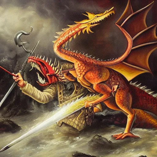 Image similar to a detailed oil painting of an action filled scene depicting jordan peterson slaying a dragon with a sword