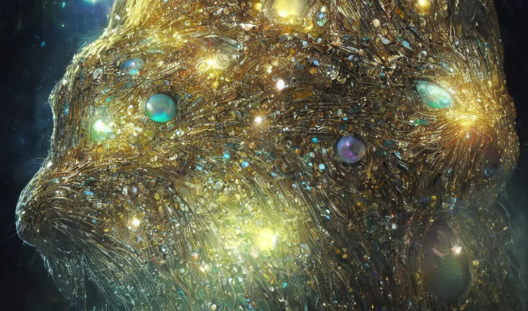 Image similar to best book cover design, glowing silver and golden elements, full close-up portrait of realistic rabbit with opals, book cover, emerald gem forest, white diamond moon, establishing shot, extremely high detail, photo-realistic, cinematic lighting, by Yoshitaka Amano, Ruan Jia, Kentaro Miura, Artgerm, post processed, concept art, artstation, matte painting, style by eddie mendoza, raphael lacoste, alex ross