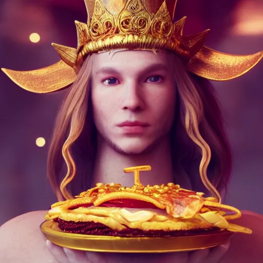 Image similar to beautiful elf king with long flowing blonde hair wearing elaborate robes and a gold filigree crown covered in jewels eating a baconator at Wendy's, hyperrealistic, cinematic lighting, octane render, 8K HD, fantasy concept art, professional 3D render, popular on artstation