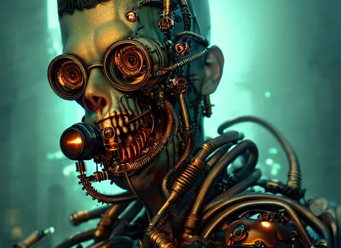 Image similar to an intricately detailed ultra - realistic unreal engine 5 rendering of a portrait of steampunk cyberpunk neon - bordered cyborg zombie frankenstein, concept art, intricate details, eerie, highly detailed, photorealistic, octane render, 8 k uhd art by kilian eng