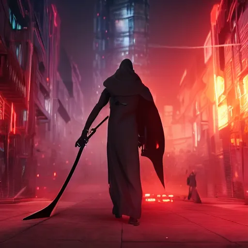 Image similar to photo of a grimm reaper with a large scythe in his hand walking in a futuristic city in a dystopian future made of electronic components and looks like a giant pcb board. Very detailed 8k. Unreal engine 5 render with nanite, global illumination and path tracing. Emphasize on the colors black and red.