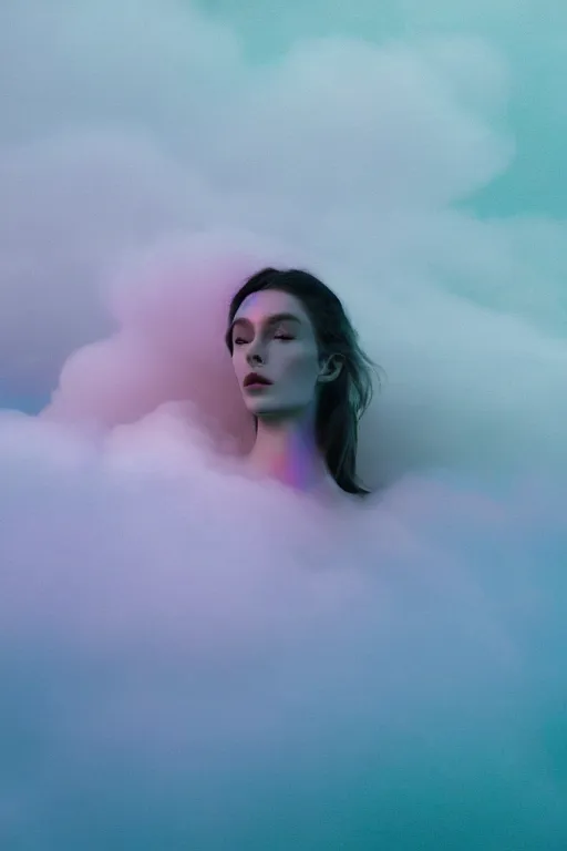 Image similar to high quality pastel coloured film close up wide angle photograph of a model wearing clothing resting on cloud furniture in a icelandic black rock!! environment in a partially haze filled dreamstate world. three point light, rainbow. photographic production. art directed. pastel colours. volumetric clouds. pastel gradient overlay. waves glitch artefacts. extreme facial clarity. 8 k. filmic.