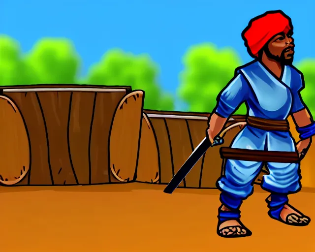 Prompt: screenshot of a crips gang member in the two dimensional browser game swords and sandals ( 2 0 0 5 ), ( ( cartoon ) ), whiskeybarrel studios, higly detailed, high quality