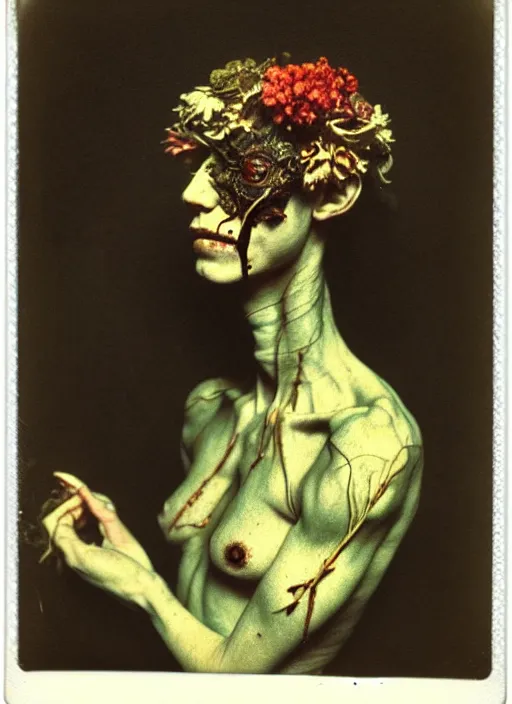 Prompt: beautiful and detailed rotten woman made of plants and many different types of flowers, muscles, intricate, organs, ornate, surreal, miguel angel, gustave courbet, caravaggio, romero ressendi, van gogh, 1 9 1 0 polaroid photo