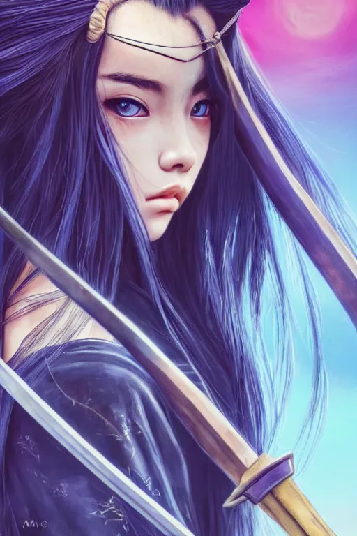 Image similar to highly detailed beautiful photo of madison beer as a young female samurai, swinging her sword, symmetrical face, beautiful eyes, cobalt blue hair, realistic anime art style, 8 k, award winning photo, pastels colours, action photography, 1 / 1 2 5 shutter speed, sunrise lighting