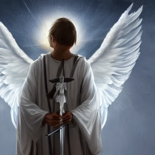 Image similar to angel with big bright white wings, coming down from the sky, holding sword in his arms, hyper realistic, 4 k