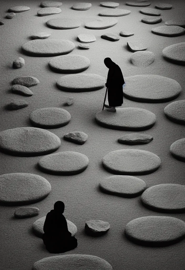 Image similar to portrait of a lone monk raking stones in a beautiful serene zen garden kyoto, japan, a collage painting, in the style of wes anderson, lola dupre, david hockney, isolated on negative white space background dark monochrome fluorescent neon spraypaint accents volumetric octane render