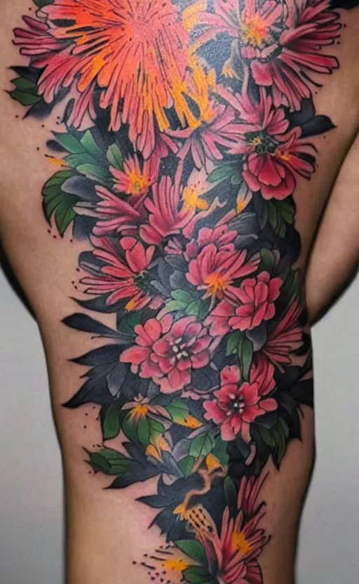 Image similar to flowers as fireworks irezumi tattoos 9