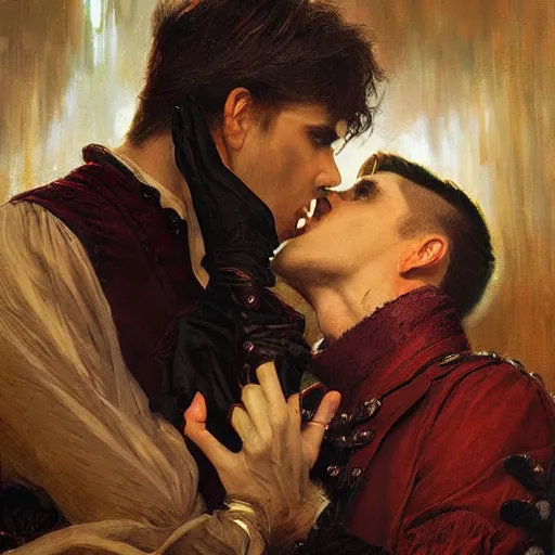 Image similar to attractive male, arthur pendragon confesses his love to attractive male dracula the vampire. highly detailed painting by gaston bussiere, craig mullins, j. c. leyendecker 8 k