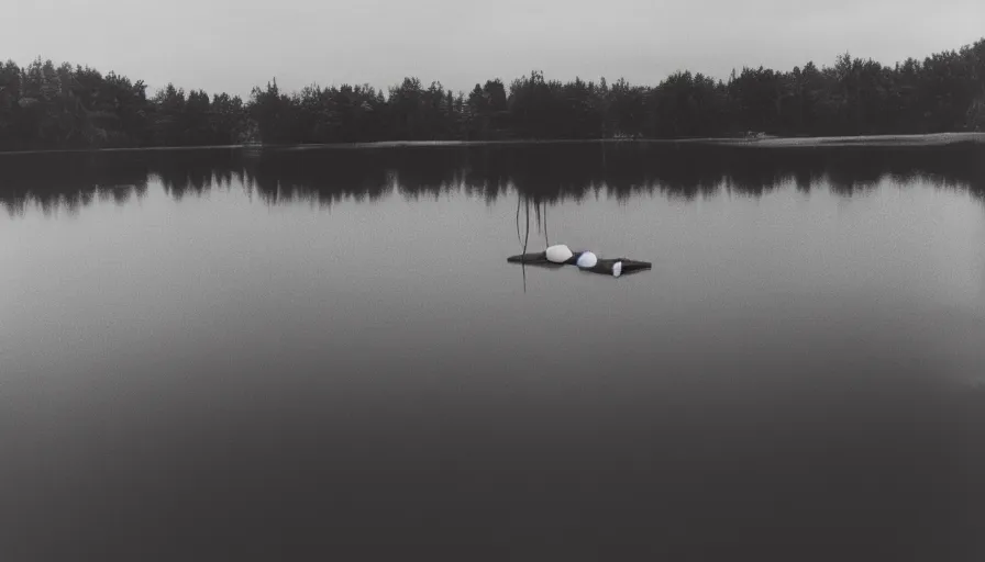 Prompt: photograph of a dark lake, cloudy day, rope floating on or near top of water, snaking towards the center of the lake, anamorphic lens, kodak color film stock