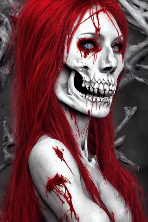 Image similar to skeleton black bones!!, covered with blood, jessica nigri face!!, highly detailed face, long red hair, beautiful blue eyes, ultra realistic, concept art, intricate details, photorealistic, octane render, 8 k, unreal engine. retro film still, heavy grain, 3 5 mm, art by artgerm and greg rutkowski and alphonse mucha