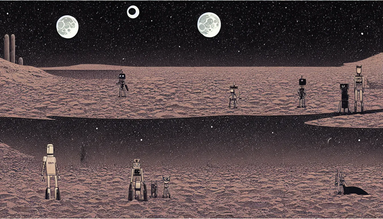 Image similar to a fox and a robot rover standing in desert looking at the moon and night sky by woodblock print, nicolas delort, moebius, victo ngai, josan gonzalez, kilian eng