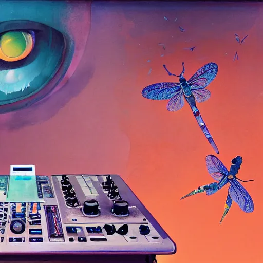 Image similar to surreal gouache painting, by yoshitaka amano, by ruan jia, by Conrad roset, by good smile company, detailed anime 3d render of big transparent resin stone in the center of the screen with a magical dragonfly inside. dragonfly inside an egg, egg on the mixer, Surrounded by a big DJ Mixer, Controller deck, portrait, cgsociety, artstation, rococo mechanical and Digital and electronic, dieselpunk atmosphere
