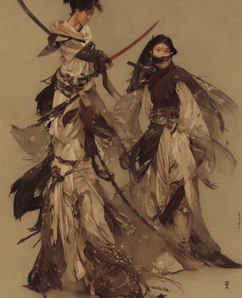 Prompt: modern elegant tanned female samurai ninja, with large engraved sword, abs, wide leg hakama trousers, by gaston bussiere, mucha, gerome, craig mullins, greg rutkowski, john singer sargent