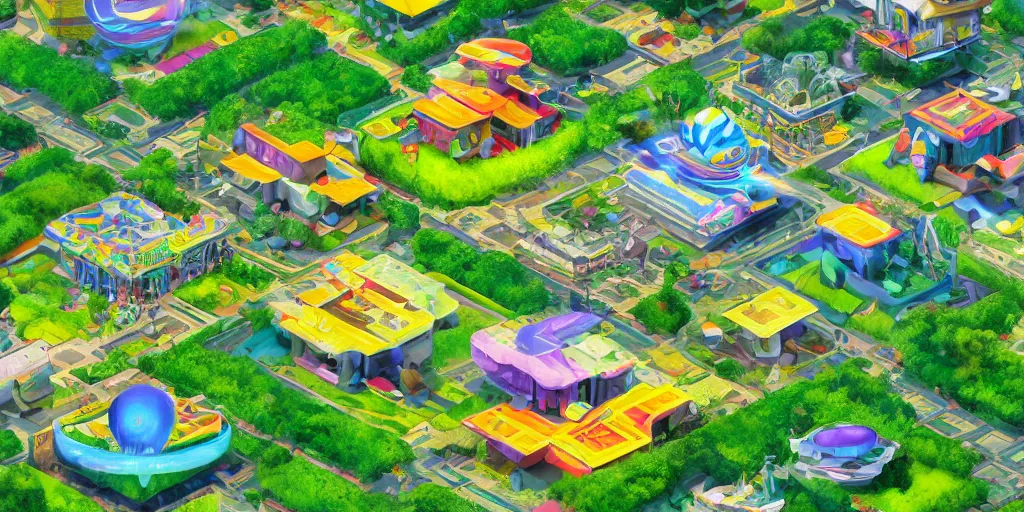 Prompt: isometric view of a smart village with psychedelic architecture, big bee flying, cow in the air, surrounded by lush nature - rays, ray - tracing, cinematic lighting, 8 k smooth, vibrant colors, ambient occlusion, hdr, complex, highly atmospheric lighting, highly detailed, alex grey, greg rutkowski, focus, cinematic, concept art, artstation, trending