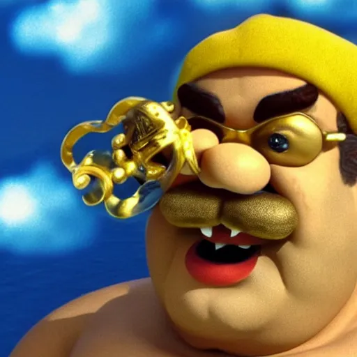 Prompt: wario swimming in gold