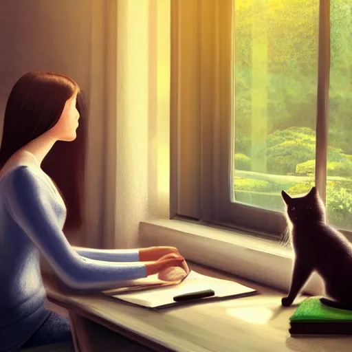 Image similar to peaceful dreamy painting of a young woman sitting at a desk with a black cat, sunshine coming through the window, 4k resolution, highly detailed