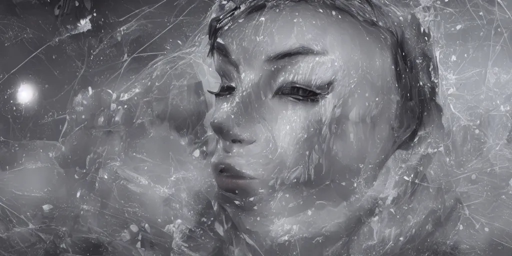 Prompt: as the world turned into a ball of ice, there was one person left who transformed herself completely into a machine, immune to the freezing temperatures no human could realistically survive. she roamed the last artifacts that haven't been completely masked by the snow; abstract, digital art, 4k