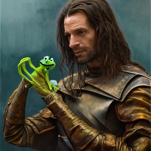 Prompt: kermit the frog as Aragorn by Alan Lee, leather armor, golden hour, concept art, detailed clothing, art station, oil painting, art by artgerm and greg rutkowski and alphonse mucha