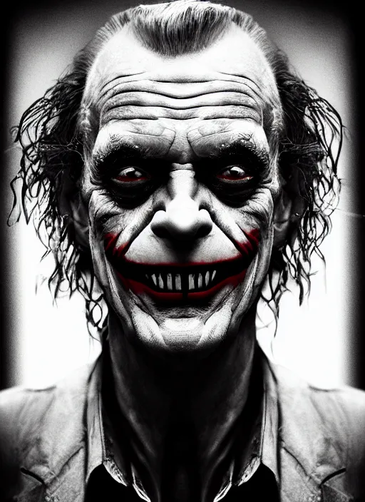 Prompt: photo of Christopher Lloyd as the Joker by Lee Jeffries, detailed, award winning, Sony a7R, trending on artstation
