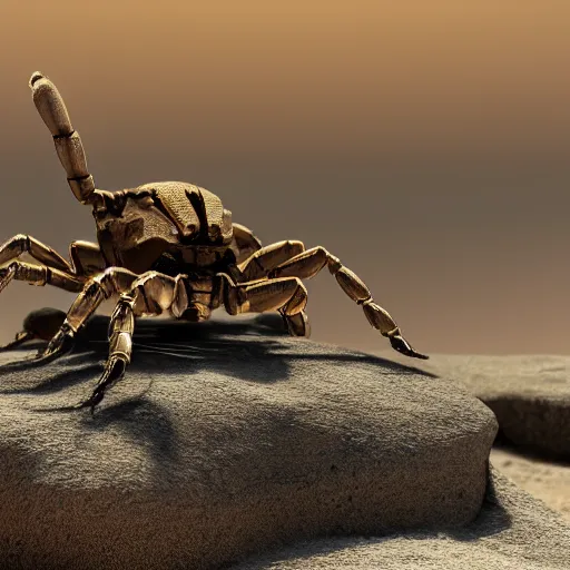 Prompt: mechanical Scorpion on rock sand desert surroundings, scorpiones arachnids, Bothriuridae steampunk 3D render, 8k very ultradetailed robot on desert floor with white rocks bright light details