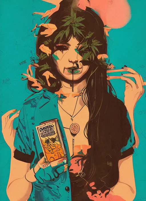 Image similar to 1978 exotic stoner girl by Sachin Teng x Supreme :5 attractive, stylish, designer , smoke, marijuana asymmetrical, Matte Painting , geometric shapes, hard edges, graffiti, street art:4 Masterpiece, impressive detail, colorful, by Sachin Teng:4