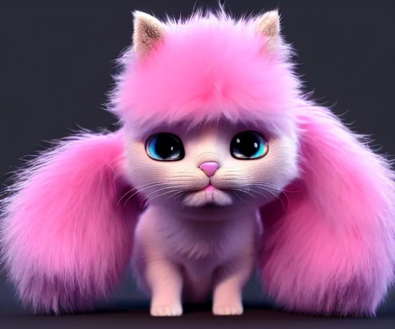 Prompt: high quality 3 d render hyperrealistic very cute small cat, plush mascot, short spiky dense fluffy smooth hair, photo from the side, pink fluffy fur, 1 5 0 mm, beautiful natural soft light, rim light, vray, smooth background, artstation, ultra detailed