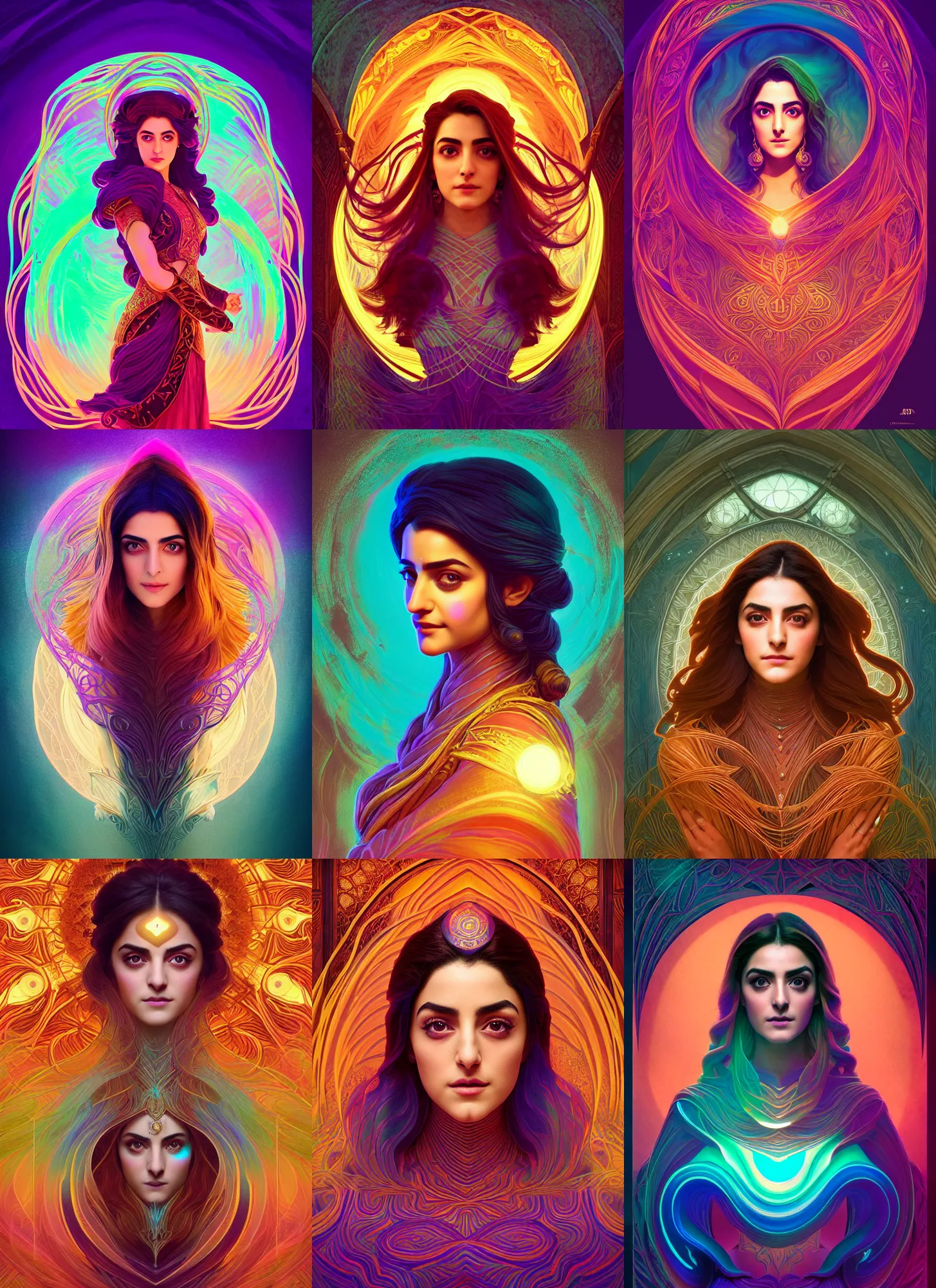 Prompt: symmetrical portrait, maya ali as a wind sorceress, d & d, gloomhaven, soft luminescent glow, art nouveau, beautifully backlit, ripples, swirly vibrant color lines, fantastically gaudy, aesthetic octane render, 8 k hd resolution, by picasso, ilya kuvshinov, cushart krentz, gilleard james