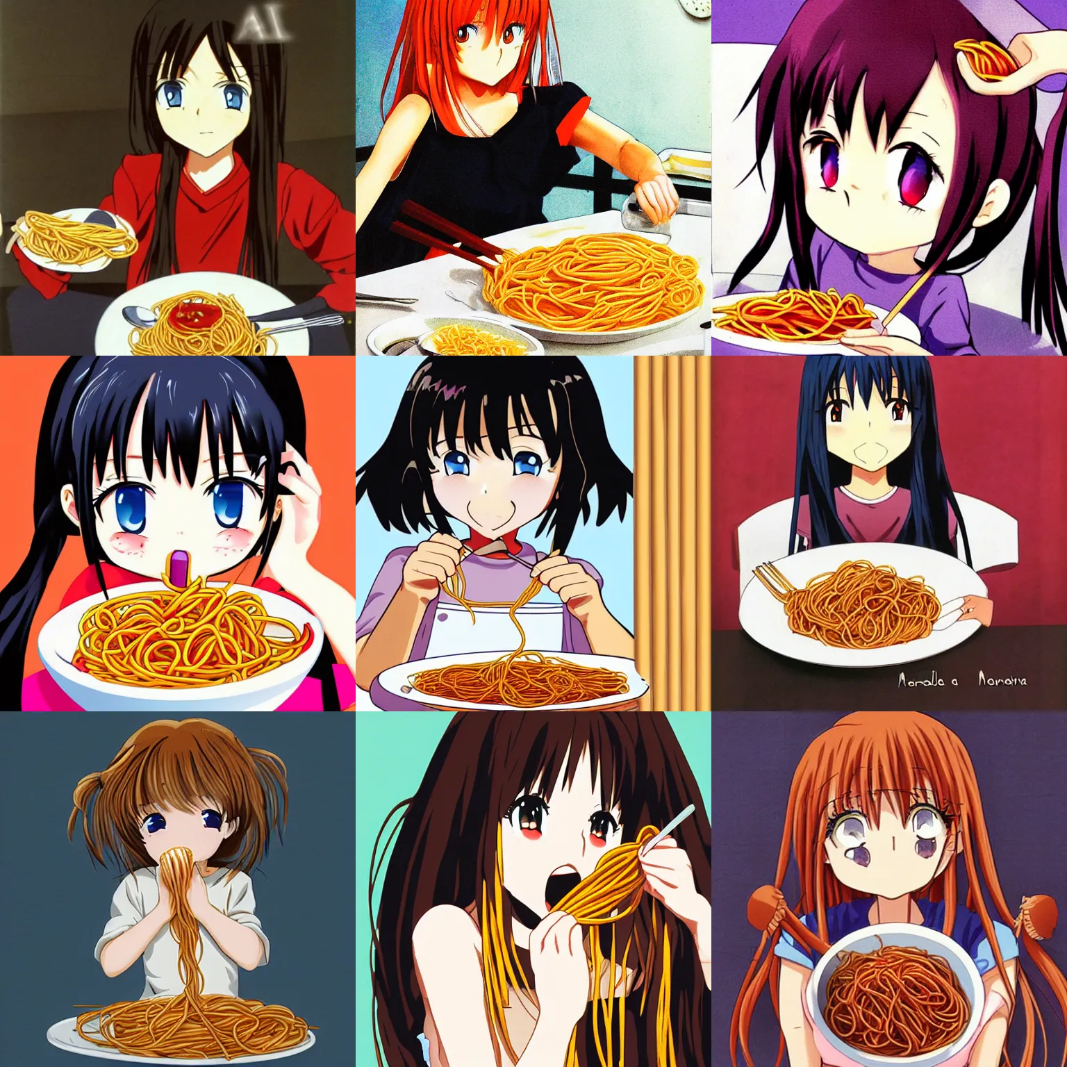 Prompt: anime girl eating spaghetti by madonna