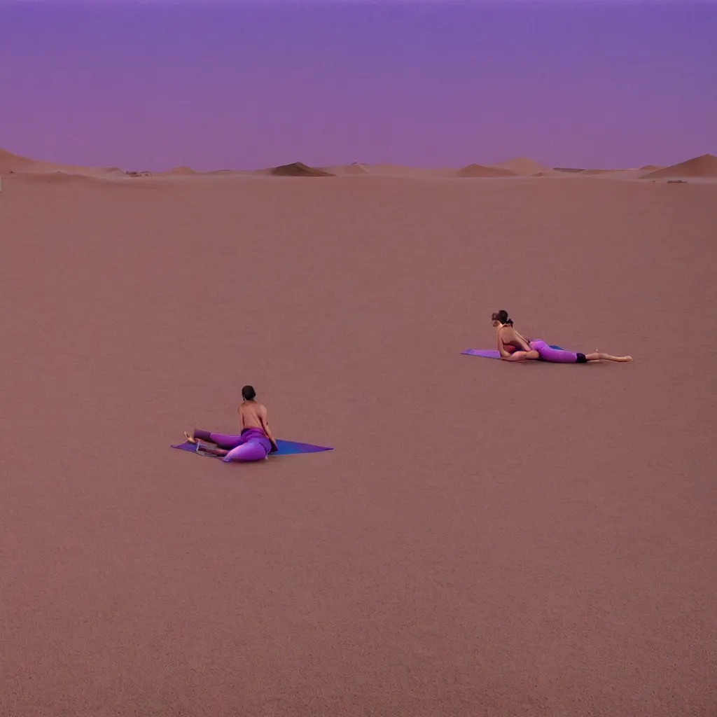 Image similar to cinestill medium view of iridiscent oil spill in desert dunes of sand tempest with women corpses connected by cables and computers to wax forms to a buried baby relaxing on yoga mat, faded, purple gradient, dust, purple fog, depth of field, by werner herzog, hans bellmer and nadav kander, 8 k, sad atmosphere, cinematic