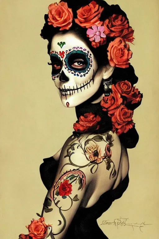 Prompt: Illustration of a sugar skull day of the dead girl, art by rolf armstrong