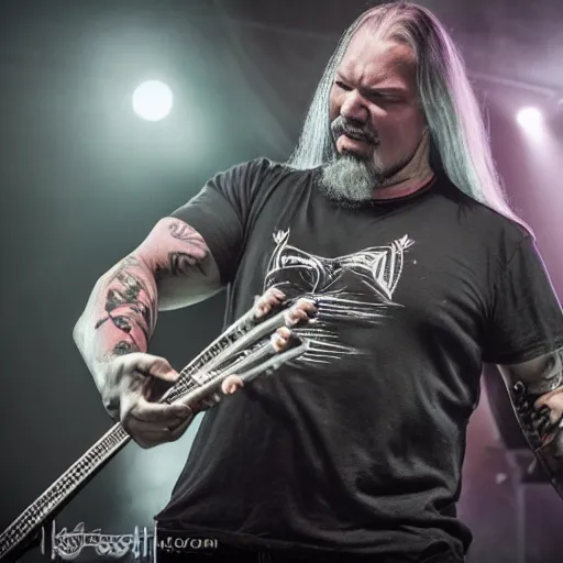 Prompt: Tomas Haake with 6 arms, playing heavy metal drums,