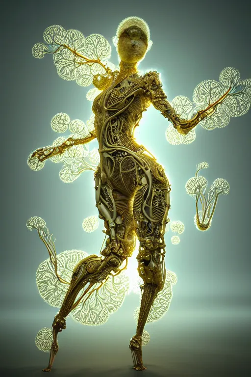 Image similar to intricate hyper detailed ultra sharp 3 d render, unity of mood, biomechanical cyborg ladies dancing, atmospheric, foliage, fractal, flowing, white large pore fungi, cyberpunk art nouveau, haute couture alexander mcqueen leaves stems dahlia blooming transparent fractal filigree roots, intricate details, octane render, volumetric cinematic lighting, natural beautiful light, yellow infrared, lumiol, 8 k,