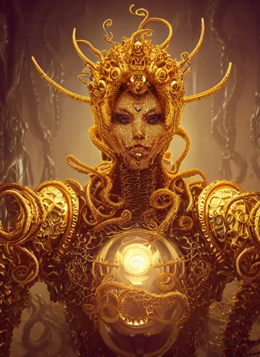 Prompt: a photo of 8 k ultra realistic angry corrupted lovecraftian royal golden humanoid queen at a board meeting, 8 intricate white and gold tentacles, face enhance, ornate white and gold armour, cinematic lighting, trending on artstation, 4 k, hyperrealistic, focused, extreme details, unreal engine 5, cinematic, masterpiece